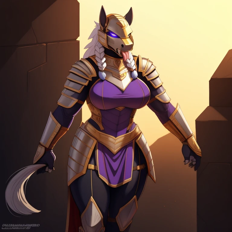 muscular_mature_horse female white_mane long_single_braid gray_furry_body blue_eyes, hypnotized with glowing purple eyes, tongue out, solo Masterpiece best_quality absurdres highly_detailed heavy_roman_armor helmet cleanly_drawn_eyes anthro_only angry by_claweddrip, by_greasymojo, by_underscore-b, by_runawaystride