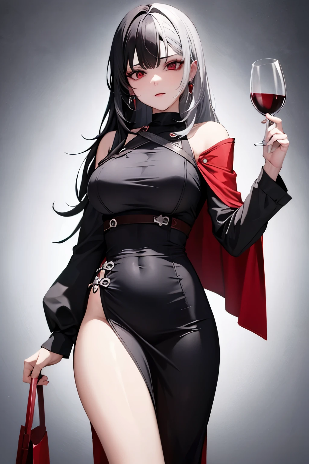 Molly Redwine with split hairstyle black-silver hair and holding a glass of wine in one hand, red fantasy background