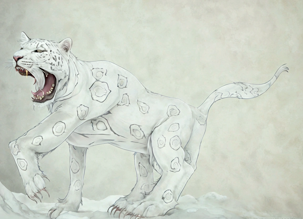 A giant white leopard, (((with 3 long fangs))), snow land, uhd, 12k, photography, Professional photo realistic nikon, masterpiece, ultra realistic, raw photo