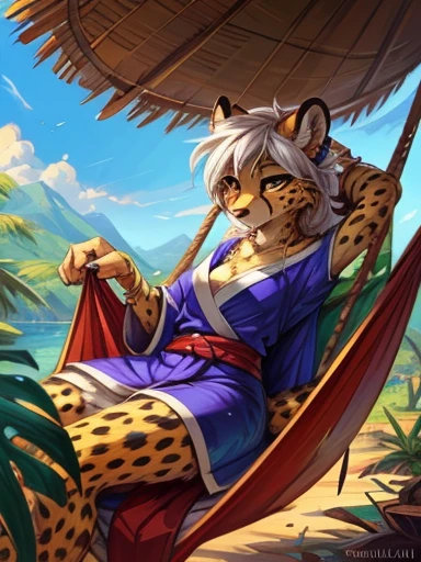 (best quality, masterpiece:1), solo, (shaded face:1.2), furry anthro, (noseless:1.1), tail, by kenket, Ross Tran, ruan jia, zaush, foxovh, by Zackary911, by hyattlen, by teranen, by fumiko, by Pixelsketcher, by Bayard Wu, by Thomas Benjamin Kennington, by Einshelm, by Kilinah, by Coffeesoda, by Hioshiru, by fluff-kevlar, by r-mk, by Dimwitdog, SFW, Female cheetah, fat, hammock, tropical setting, kimono, silver jewelry