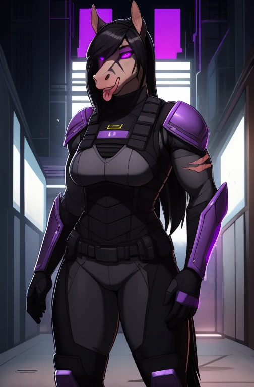 Curvy_muscular_draft_horse horse_snout female black_hair dark_gray_furry_body gray_eyes, hypnotized with glowing purple eyes, tongue out, scars solo Masterpiece best_quality absurdres highly_detailed well_drawn_eyes anthro_only by_claweddrip, by_greasymojo, by_underscore-b, by_runawaystride heavy_power_armor tactical_vest exoskeleton