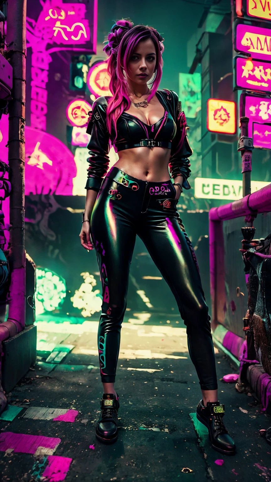 A closeup of Kristin Kreuk in a neon suit, Ambiente ciberpunk, cyberpunk with neon lights, Luz cyberpunk brillante, agachada,Vibraciones ciberpunk, cyberpunk lighting, estilo ciberpunk, neon cyberpunk style, en el estilo cyberpunk, mira ciberpunk, cyberpunk dreamy girl, Foto Ciberpunk, neon cyberpunk, cyberpunk aesthetic, ropa de calle ciberpunk, cyberpunk aesthetic, Cyberpunk art style, Portero del streetwear cyberpunk,sabes, dedos perfectos,neon hair color, Textura de detalle, detalle del cabello,Pantalon long noir fluo, hermoso rostro,pelo ondulado,Detailed neon black shoes.,