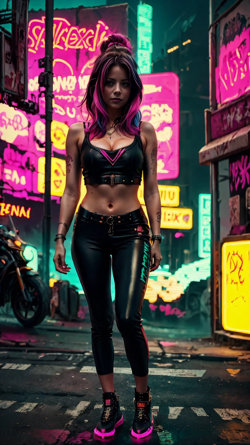 A closeup of Kristin Kreuk in a neon suit, Ambiente ciberpunk, cyberpunk with neon lights, Luz cyberpunk brillante, agachada,Vibraciones ciberpunk, cyberpunk lighting, estilo ciberpunk, neon cyberpunk style, en el estilo cyberpunk, mira ciberpunk, cyberpunk dreamy girl, Foto Ciberpunk, neon cyberpunk, cyberpunk aesthetic, ropa de calle ciberpunk, cyberpunk aesthetic, Cyberpunk art style, Portero del streetwear cyberpunk,sabes, dedos perfectos,neon hair color, Textura de detalle, detalle del cabello,Pantalon long noir fluo, hermoso rostro,pelo ondulado,Detailed neon black shoes.,