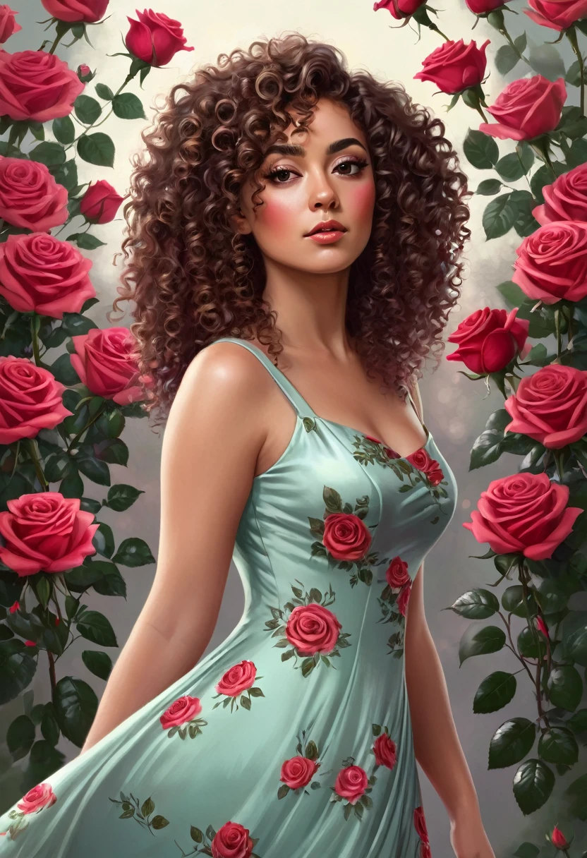  This is a digital artwork of a woman with curly hair, wearing a dress with roses, and looking to the side with a serene expression.