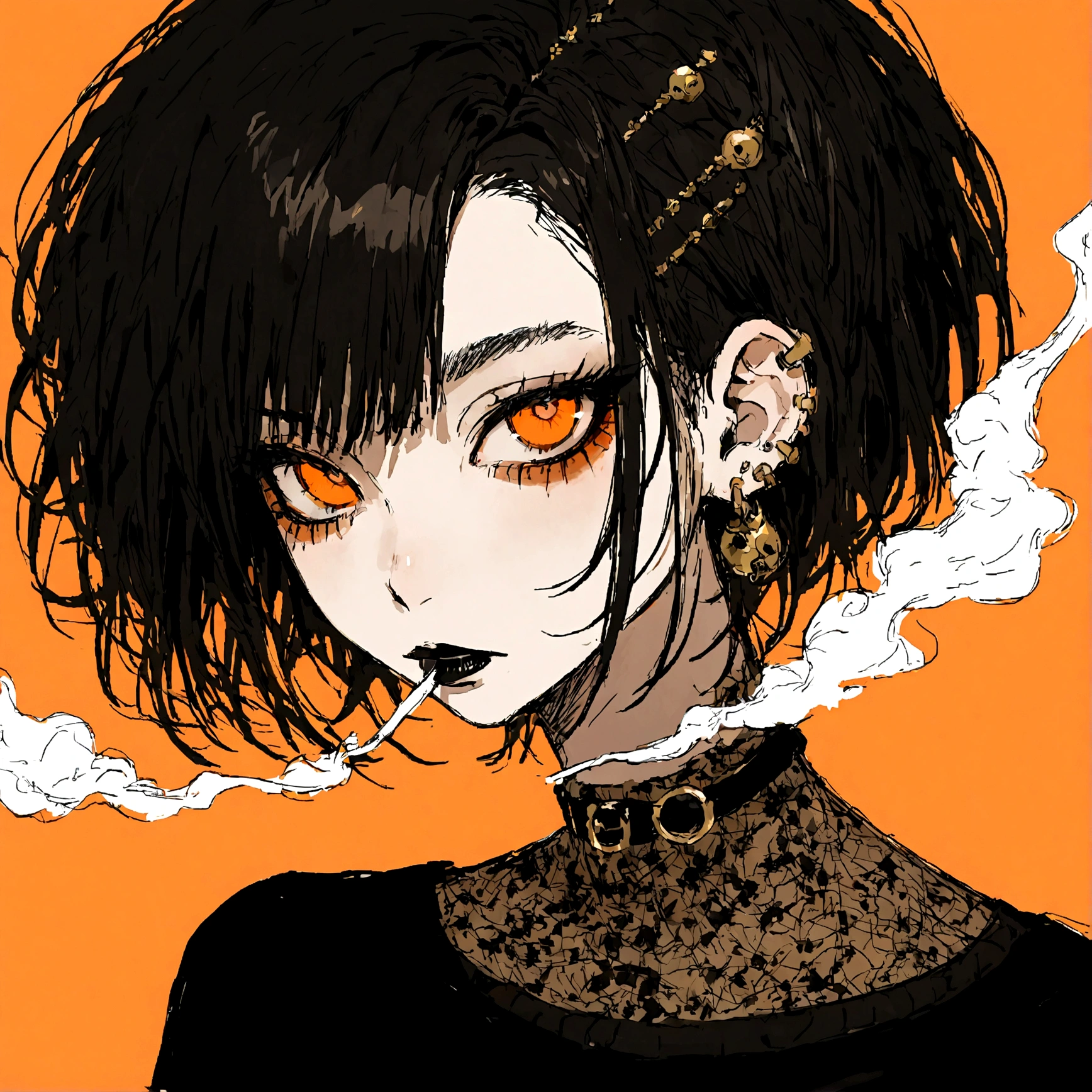 a portrait of a punk female with long curly black hair, orange eyes and an orange backround, smoke coming from mouth, wearing punk goth attire, wearing goth makeup, solo, alone, black eyeliner, (SOLO)(ALONE), intricate gold ear piercings, has a shaved undercut