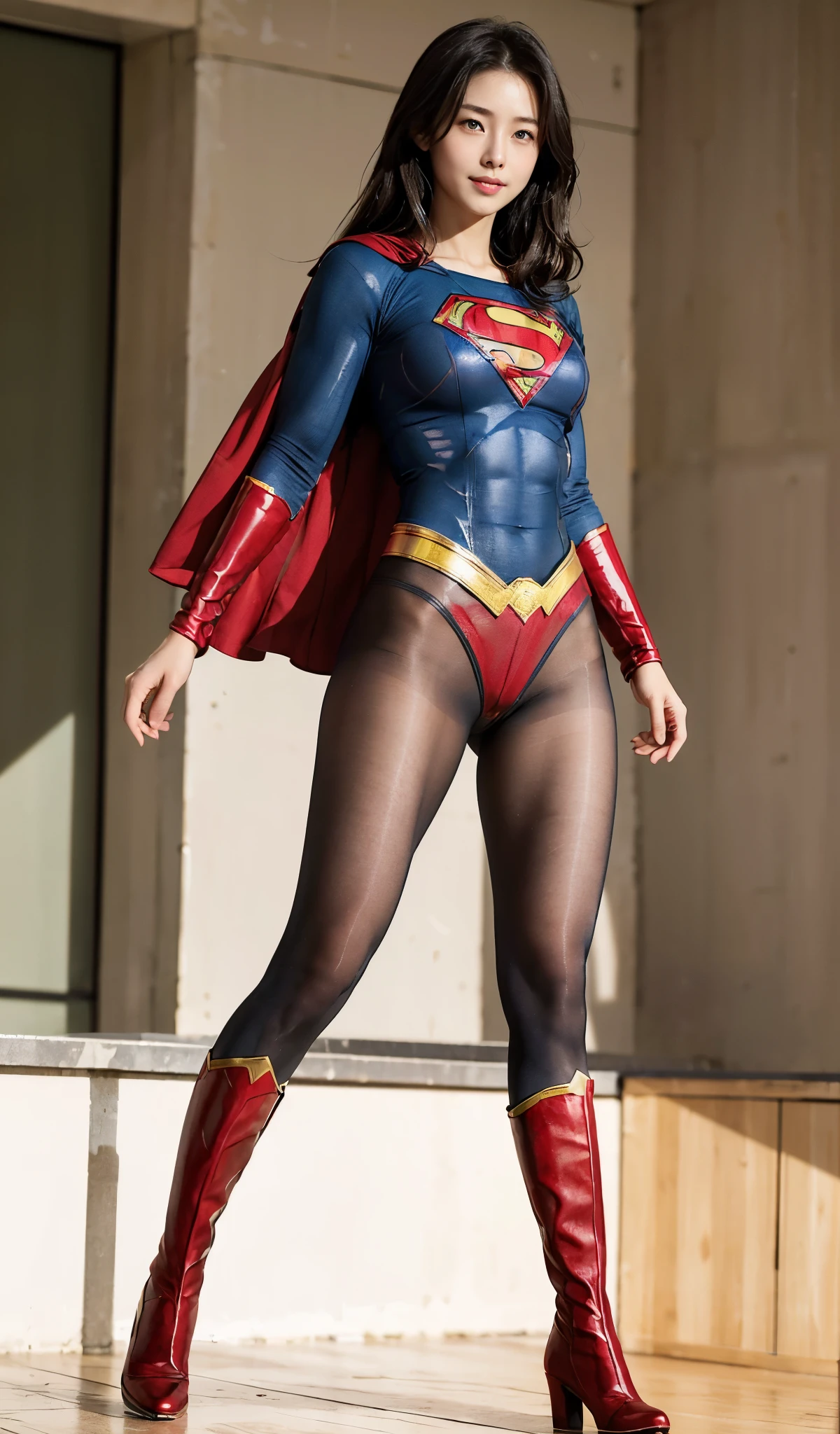No background、(((Beautiful legs in black tights.)))、(((Legally express the beauty of your smile)))、((((Make the most of your original images)))、(((Supergirl Costume)))、(((Beautiful Hair)))、(((suffering)))、(((Please wear black tights....、Wear red boots)))、((Best image quality、8k))、((highest quality、8k、masterpiece:1.3))、(((Preserve background )))、Sharp focus:1.2、Beautiful woman with perfect figure:1.4、Slim Abs:1.2、Wet body:1.5、Highly detailed face and skin texture、8k