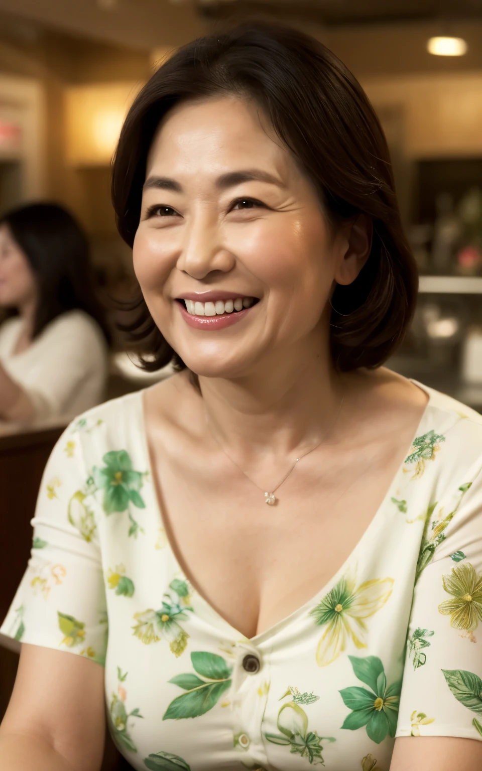 8k wallpaper, masterpiece, highest quality, Ultra-detailed, One mature woman, 50 years old, Highly revealing, Wearing a spring-like shirt, Skin dents, A seductive smile, Looking at the audience, Cleavage, plump, Curvaceous, Seductive face, Toothy smile, was happy, Sitting at a cafe, Background Blur