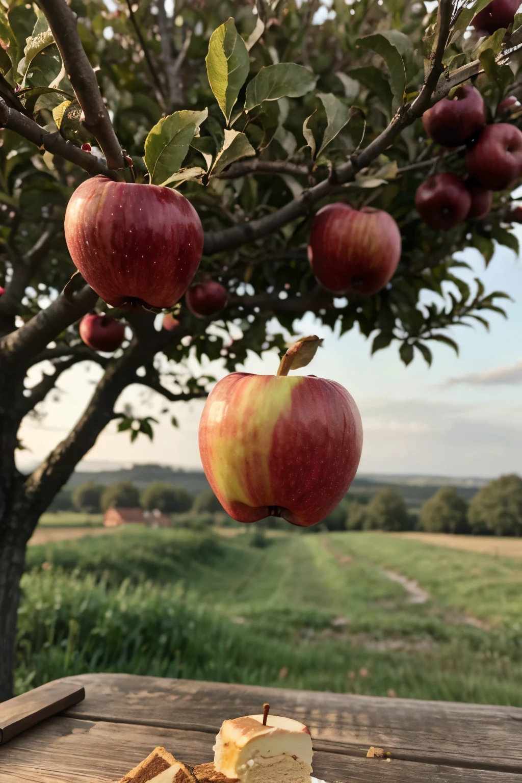 Close Up of an apple dessert falling from a tree heading to a wooden table in the countryside making reference to home
