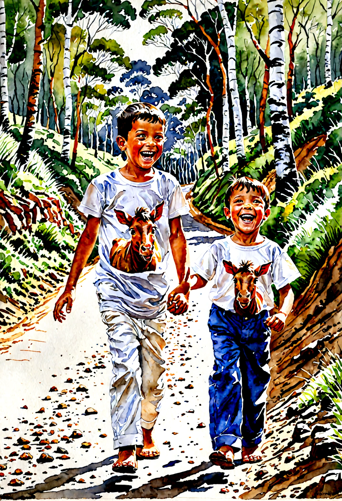 Quero uma imagem em aquarela (but with more real features) de dois garotos caminhando em uma estrada de terra. One of them is laughing, already the other, chorando e triste. Children wear older shirts and pants. Ao fundo, um belo bosque e um cavalo branco quase sumindo.