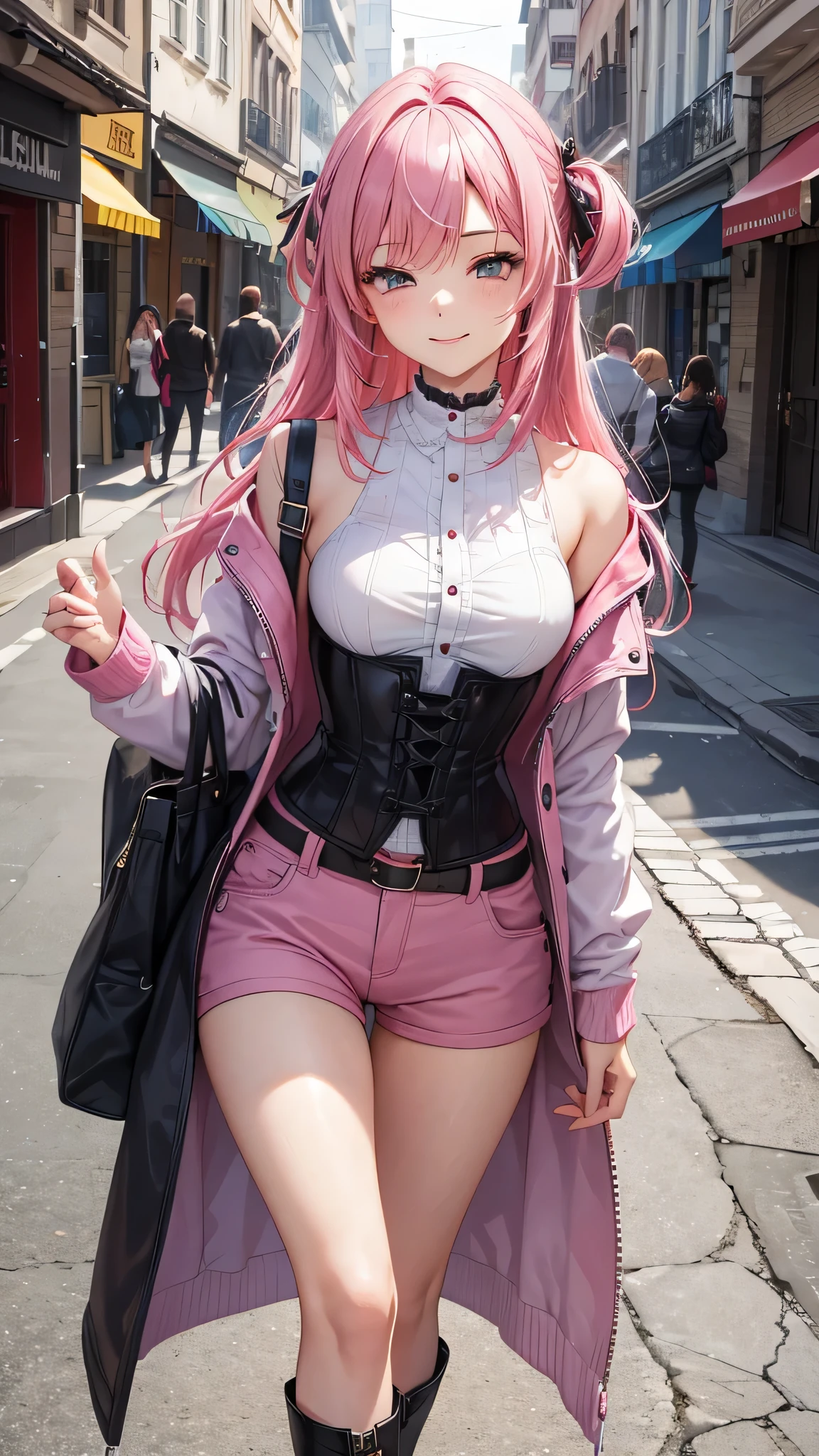 A young 16 year old girl with vibrant pink hair, vestida con un abrigo oscuro y una camisa blanca, with a corset and several belts, pantalones cortos negros y medias hasta el muslo, y botas marrones. The woman has her eyes closed and an expression of gratitude and happiness on her face, ropa muy corta y delgada, le agrada mostrar su cuerpo, chica empoderada, le gusta mostrar su hermoso cuerpo sexualizado porque es muy bella, con rasgos femeninos pronunciados, a veces le gusta salir casi o toda desnuda a la calle.