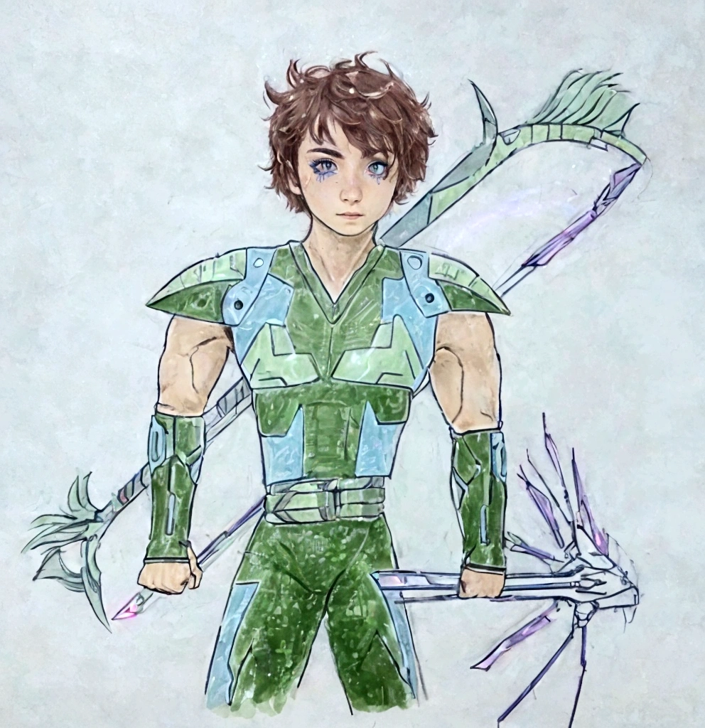 Full-length hyperrealistic photograph of a 1 boy, 20 years old, cyberpunk archer, with cyberpunk technological armor, neon lights effects, energy bow, energy arrows, short brown hairs, masterpiece, photorealistic, raw camera, uhd, 8k