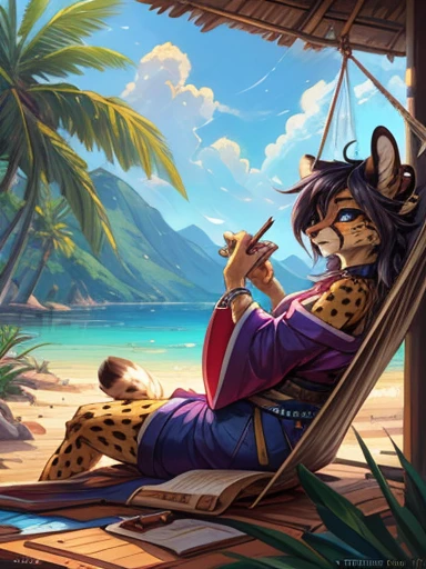 (best quality, masterpiece:1), solo, (shaded face:1.2), furry anthro, (noseless:1.1), tail, by kenket, Ross Tran, ruan jia, zaush, foxovh, by Zackary911, by hyattlen, by teranen, by fumiko, by Pixelsketcher, by Bayard Wu, by Thomas Benjamin Kennington, by Einshelm, by Kilinah, by Coffeesoda, by Hioshiru, by fluff-kevlar, by r-mk, by Dimwitdog, SFW, Female cheetah, fat, hammock, tropical setting, kimono, silver necklace, silver earrings, silver bracelets, silver rings