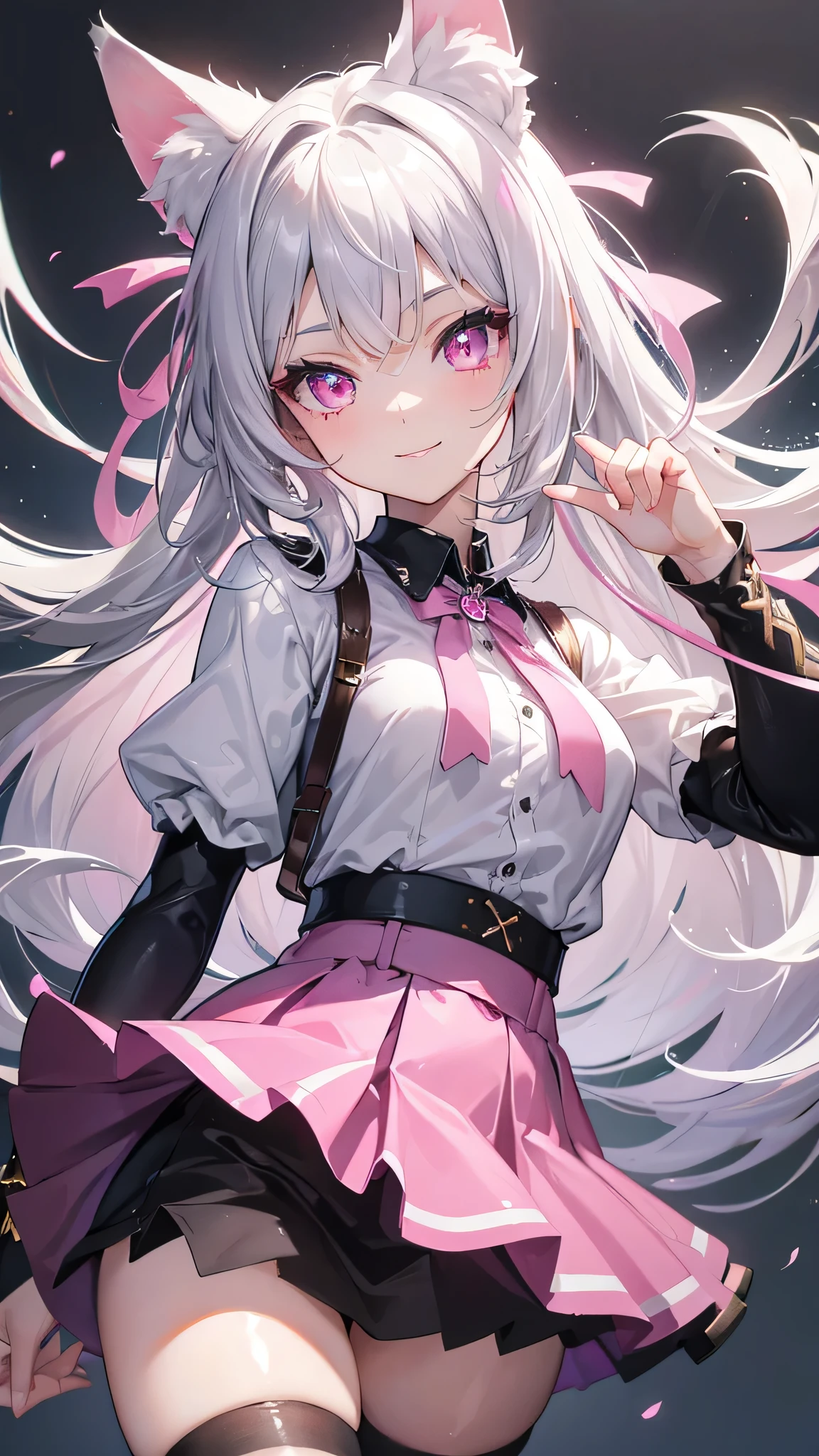 masterpiece,highest quality,Highly detailed face,Sparkling eyes,Highlighted eyes,Medium chest,pretty girl,smile,Cat ear,Beautiful silver hair,Pink inside,Beautiful pink eyes,Oversized shirt、skirt、black tights