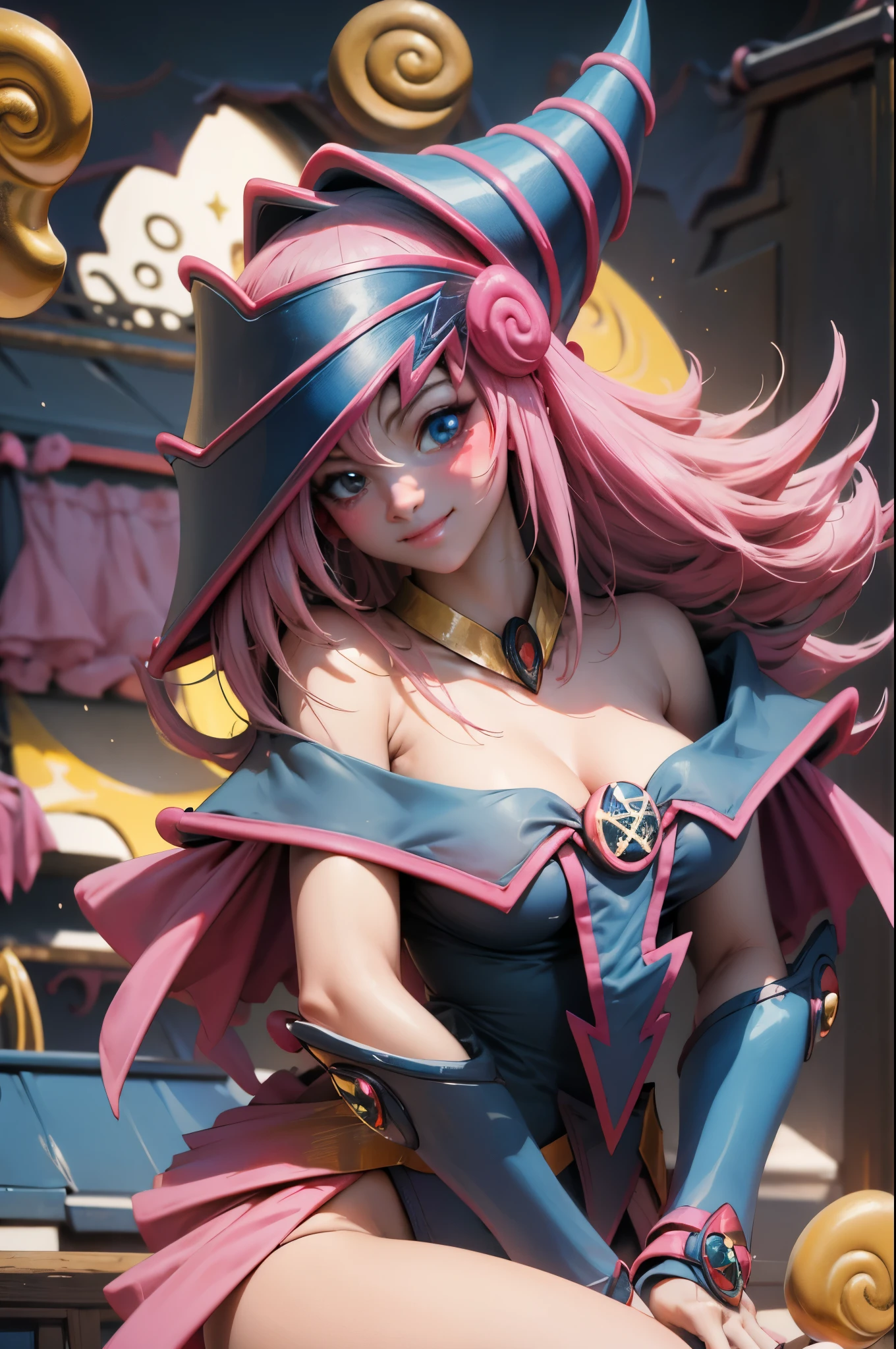 Crea el hermoso rostro de dark magician gils. Ojos azules. Labios rosados. Tes blanca. Cabello rubio. girl smile. Hombros destapados. Collar en el cuello. Rostro de gils mago oscuro . en bikini 