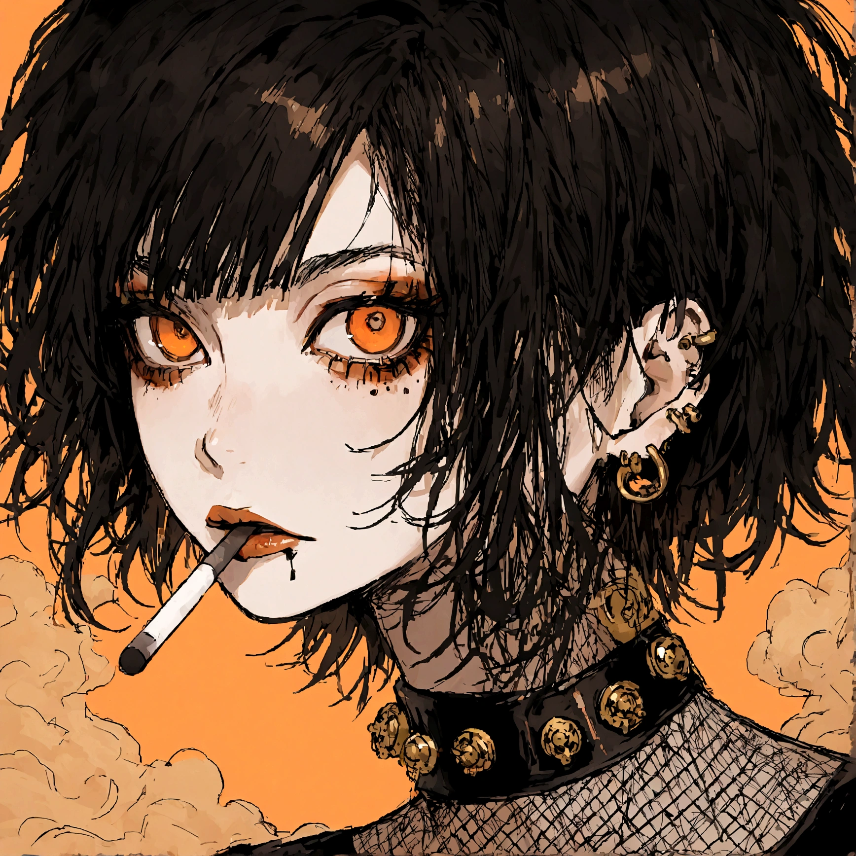 a portrait of a punk female with long curly black hair, orange eyes and an orange backround, smoke coming from mouth, wearing punk goth attire, wearing goth makeup, solo, alone, black eyeliner, (SOLO)(ALONE), intricate gold ear piercings, has a shaved undercut