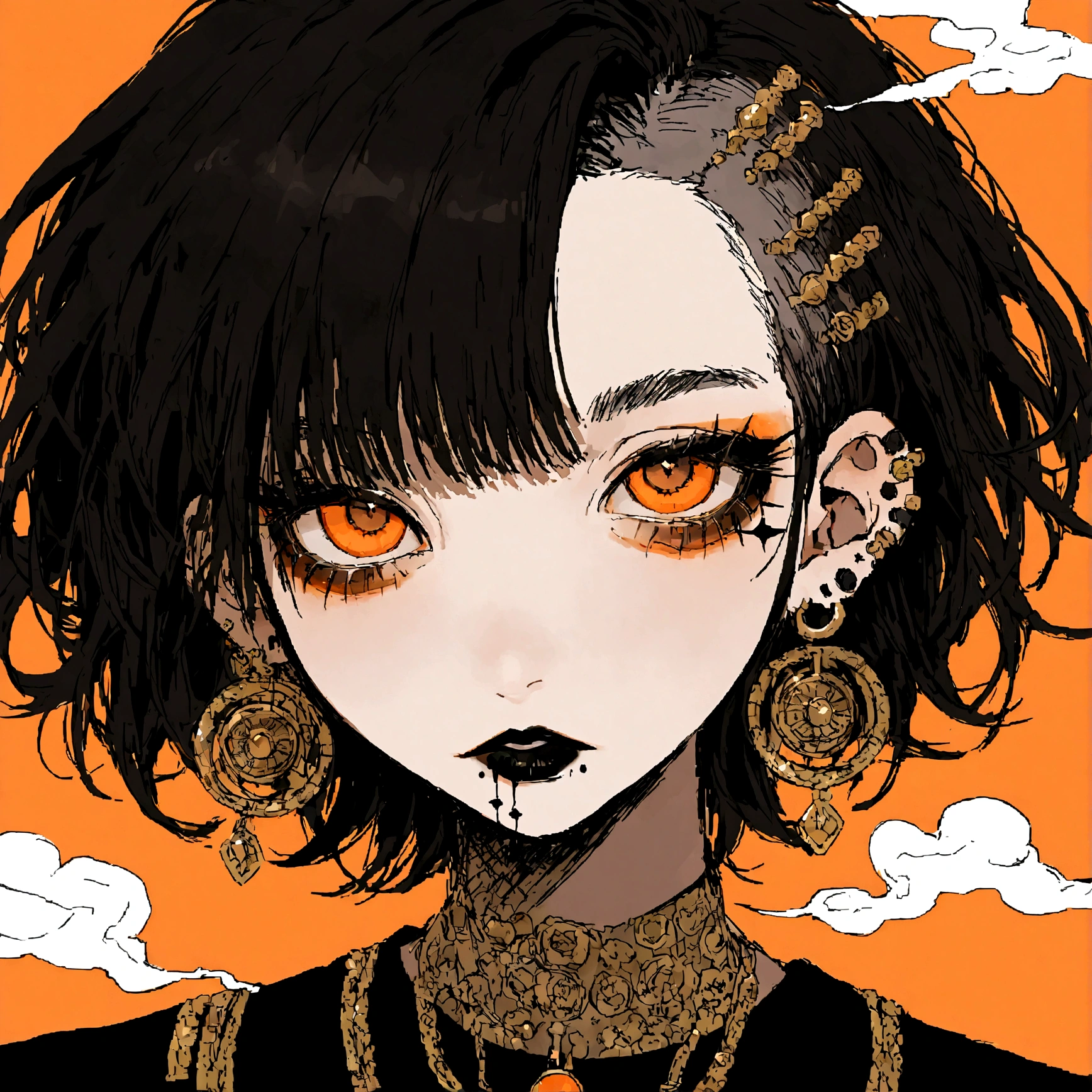 a portrait of a punk female with long curly black hair, orange eyes and an orange backround, smoke coming from mouth, wearing punk goth attire, wearing goth makeup, solo, alone, black eyeliner, (SOLO)(ALONE), intricate gold ear piercings, has a shaved undercut