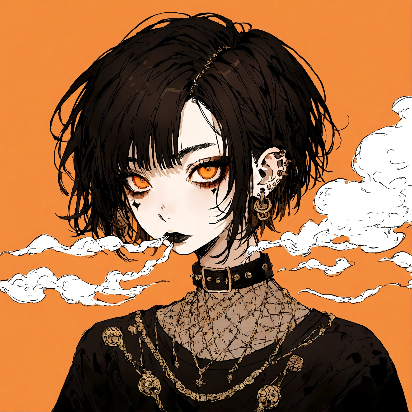 a portrait of a punk female with long curly black hair, orange eyes and an orange backround, smoke coming from mouth, wearing punk goth attire, wearing goth makeup, solo, alone, black eyeliner, (SOLO)(ALONE), intricate gold ear piercings, has a shaved undercut