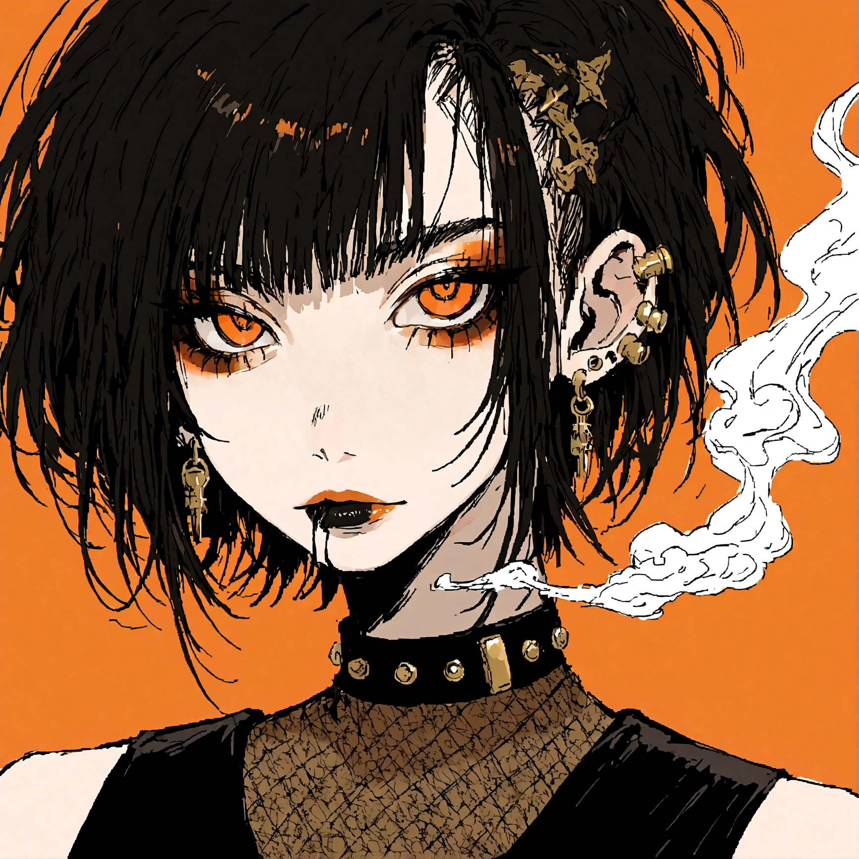 a portrait of a punk female with long curly black hair, orange eyes and an orange backround, smoke coming from mouth, wearing punk goth attire, wearing goth makeup, solo, alone, black eyeliner, (SOLO)(ALONE), intricate gold ear piercings, has a shaved undercut