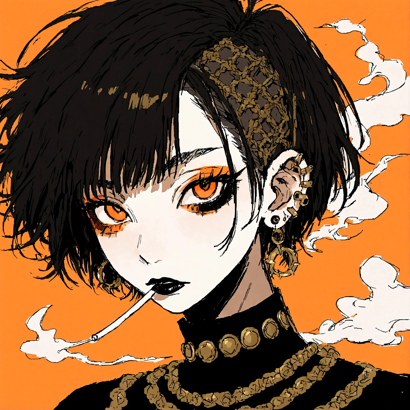 a portrait of a punk female with long curly black hair, orange eyes and an orange backround, smoke coming from mouth, wearing punk goth attire, wearing goth makeup, solo, alone, black eyeliner, (SOLO)(ALONE), intricate gold ear piercings, has a shaved undercut