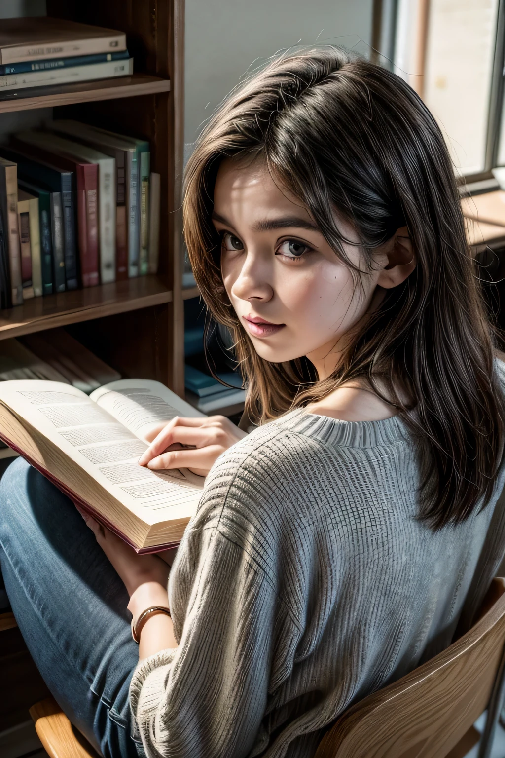 mulher de 30 anos lendo um livro na faculdade