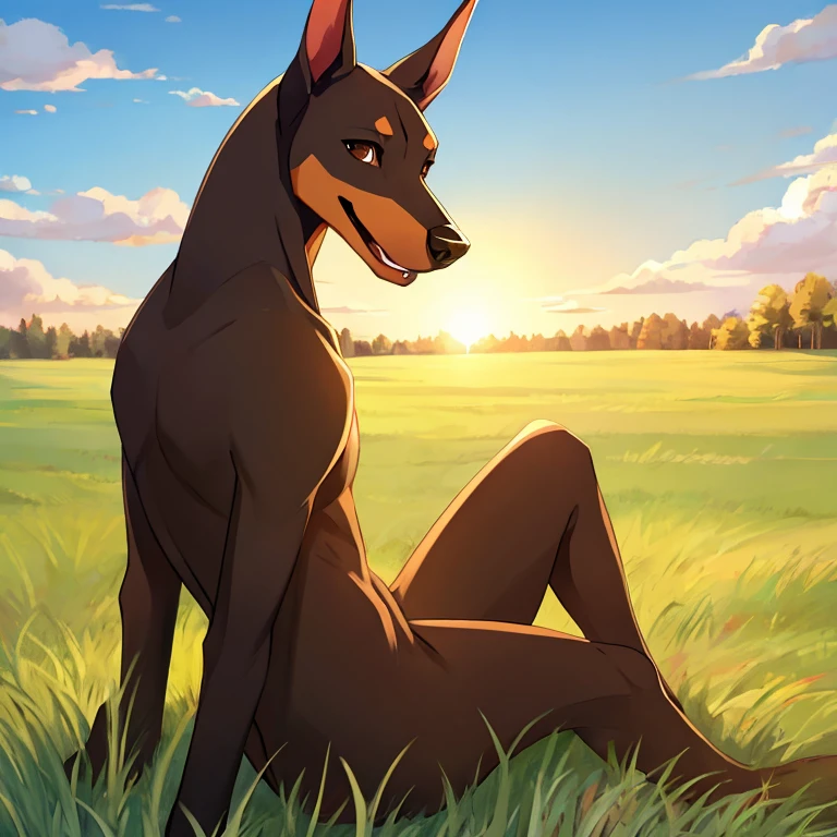 Best quality, 1Doberman, Brown eyes, best eyes, sitting on the grass, happy expression, grass field background, sunny day