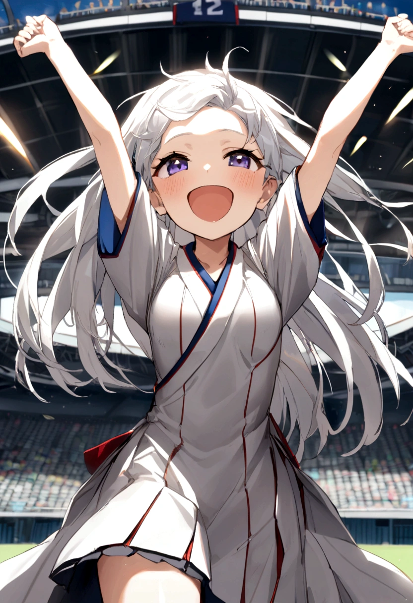 1 girl, college aged, 12 years cheering, grandstand arena, Wearing a white japanese tradicional dress, grandstand, Happy、White hair、Longhaire、Hair is raging、a smile