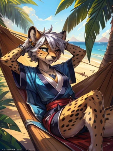 (best quality, masterpiece:1), solo, (shaded face:1.2), furry anthro, (noseless:1.1), tail, by kenket, Ross Tran, ruan jia, zaush, foxovh, by Zackary911, by hyattlen, by teranen, by fumiko, by Pixelsketcher, by Bayard Wu, by Thomas Benjamin Kennington, by Einshelm, by Kilinah, by Coffeesoda, by Hioshiru, by fluff-kevlar, by r-mk, by Dimwitdog, SFW, Female cheetah, fat, no hair, hammock, tropical setting, kimono, silver necklace, silver earrings, silver bracelets, silver rings