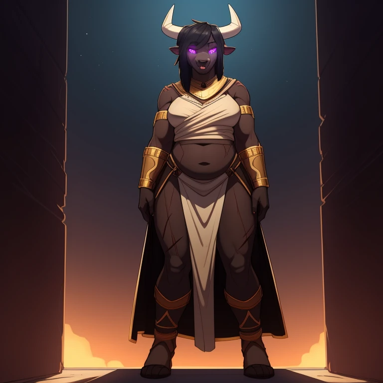 Tall_muscular_minotaur slighty_chubby female black_hair dark_brown_furry_body gray_eyes scars solo Masterpiece best_quality absurdres highly_detailed cleanly_drawn_eyes, hypnotized with glowing purple eyes, tongue out, anthro_only by_claweddrip, by_greasymojo, by_underscore-b, by_runawaystride toga bronze_bracers bronze_greaves bronze_gorget