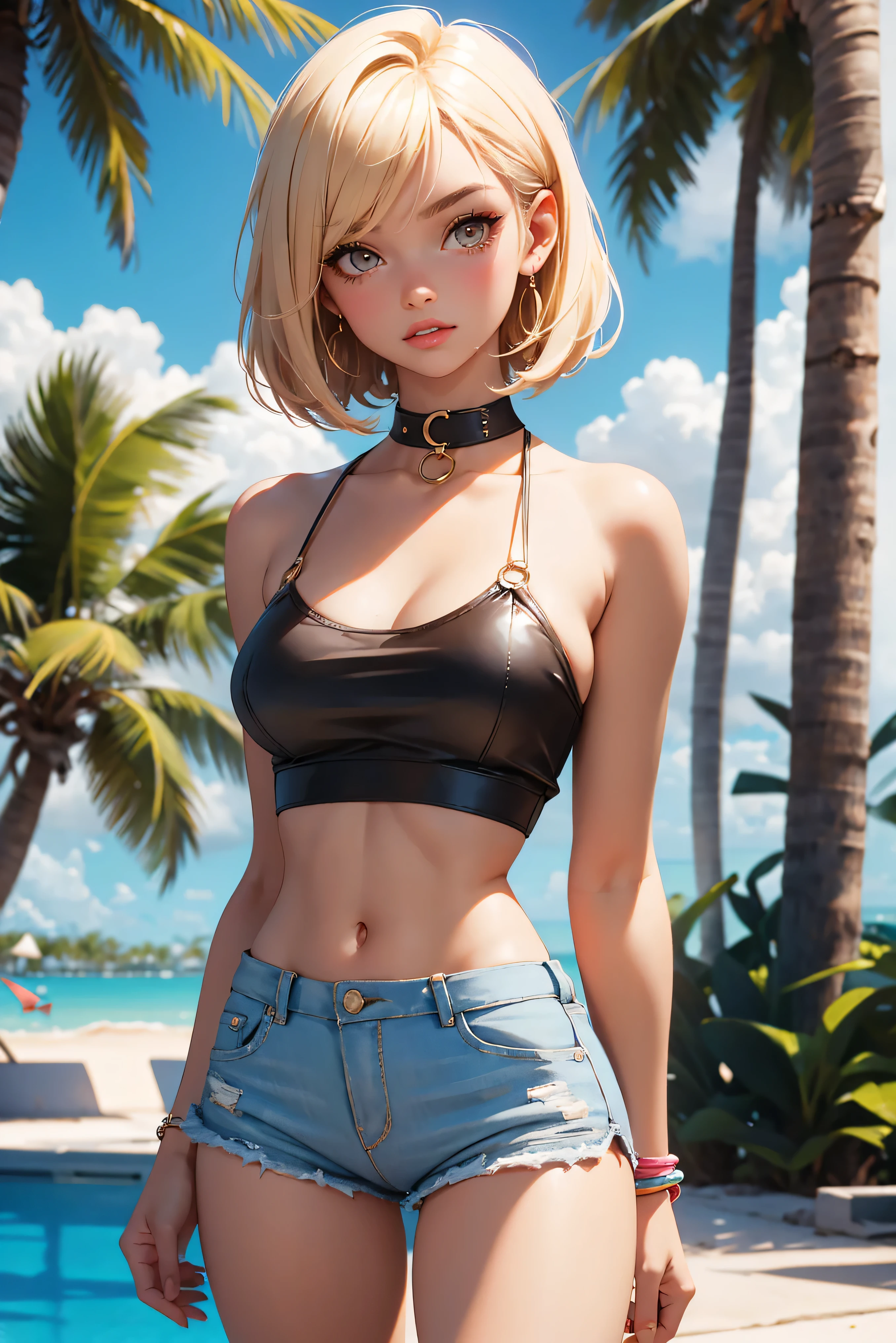 age girl-model 18 years old, beautiful, blonde, bob hair, bangs, brown eyes, beautiful figure, girl wearing crop shirt and too short mini shorts, beautiful long legs, slave bracelets, slave choker, manicure, cute makeup, flirtatiously posing, hot summer, hot flirty, sexy posing, summer outfit, top quality, higest quality, pin-up style, retro 80s style, Daisy Dukes style, slave girl, Miami vibes,