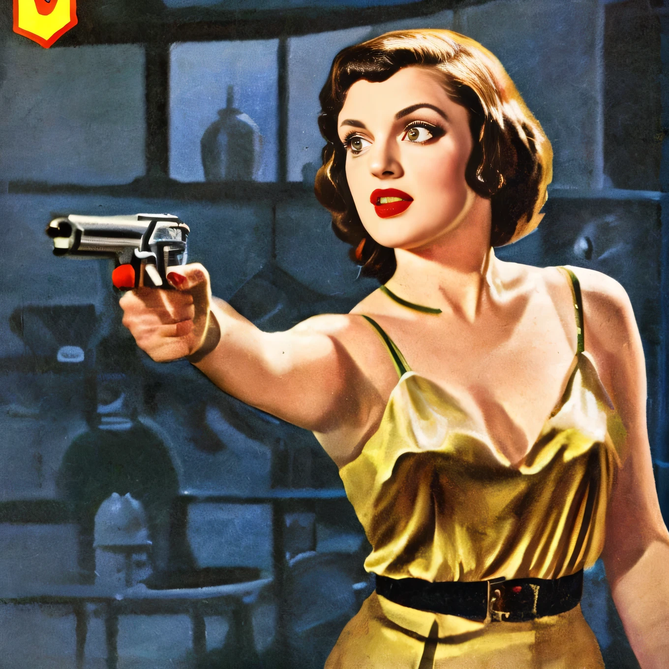 a brave lover, 1910s pulp fiction, cinematic lighting, dramatic pose, intense expression, dynamic composition, chiaroscuro lighting, vibrant colors, 1920s illustration style, high contrast, detailed skin, beautiful detailed eyes, beautiful detailed lips, extremely detailed face, high quality, (best quality,4k,8k,highres,masterpiece:1.2),ultra-detailed,(realistic,photorealistic,photo-realistic:1.37)