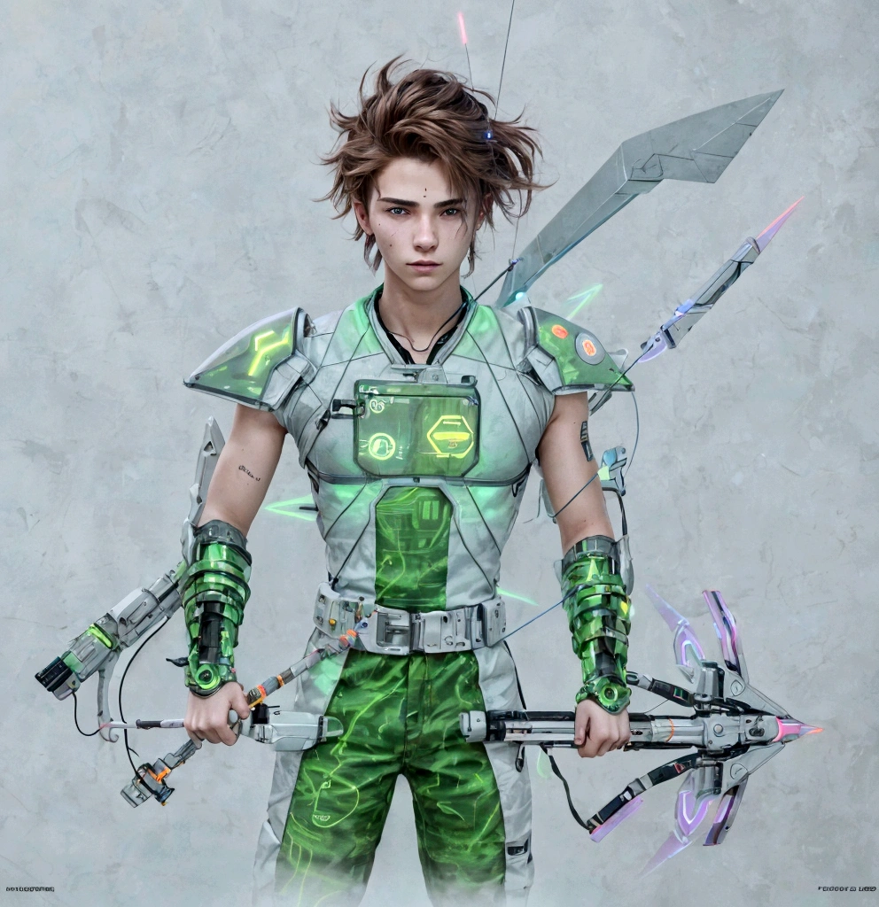 Full-length hyperrealistic photograph of a 1 boy, 20 years old, cyberpunk archer, with cyberpunk technological armor, neon lights effects, energy bow, energy arrows, short brown hairs, masterpiece, photorealistic, raw camera, uhd, 8k