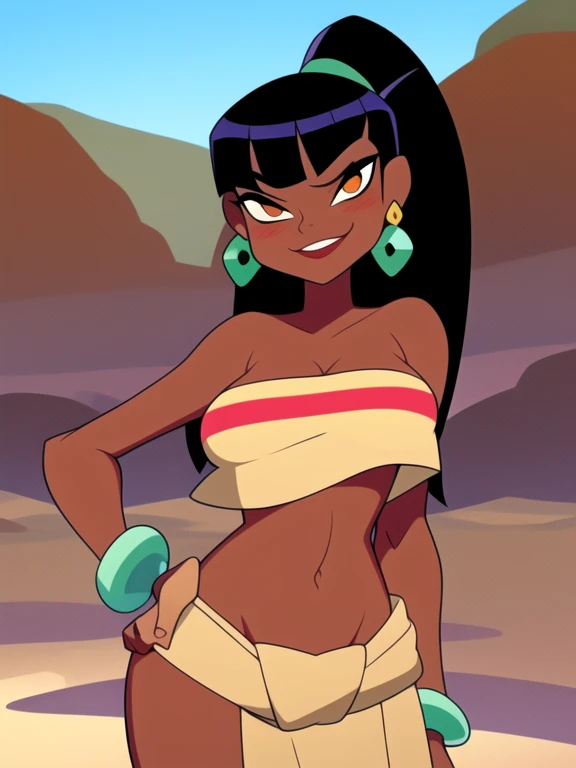 Derrick J Wyatt style, 1girl,solo, chel \(the road to el dorado\),dark-skinned female, black hair, long hair, (Wearing: tube top, loincloth, emerald bracelet's and golden earrings:1.2), collarbone, bare shoulders, medium breasts, cleavage, midriff, wide hips, upper body, hands on hips, looking at viewer, she's looking at the camera with a flirtatious smile
