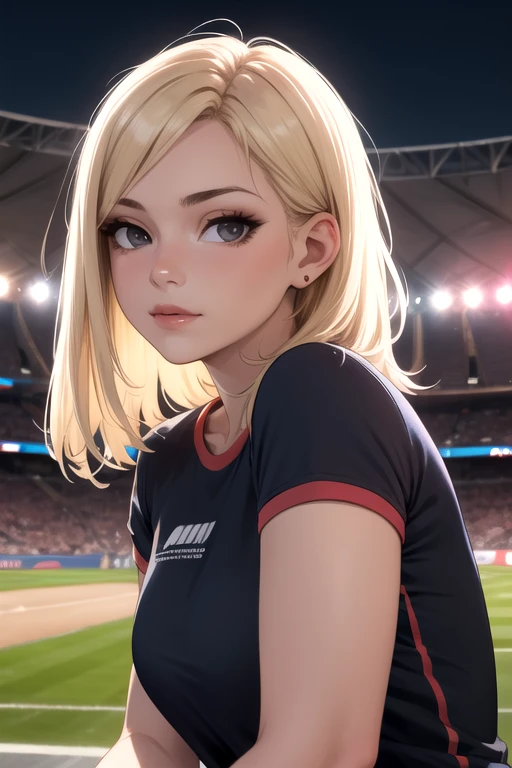 masterpiece, best quality, 8k, best light, shadows, perfect anatomy, portrait, front view perspective, looking at viewer, posing, 1 girl, 26 years old, mature, europe girl, blonde middle hair, straight hair, pretty eyes, black eyes, tight sport shirt, tight short, stadium night background,