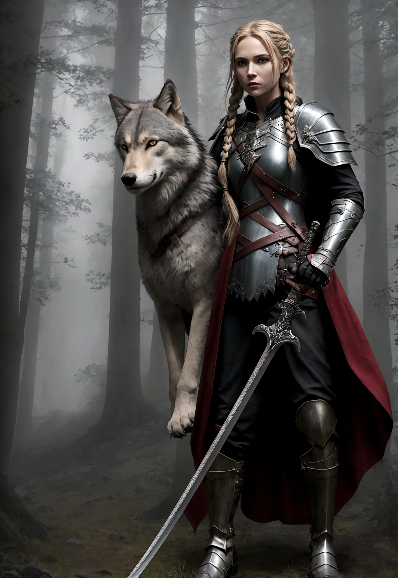 fantasy art, RPG art, Dark fantasy art, ultra wide shot, RAW, photorealistic, a picture of female human ranger and her wolf pet, the ranger, an exquisite beautiful human woman, long blond hair, braided hair, green eyes, wearing leather armor, wearing (red cloak: 1.1), armed with a (sword: 1.3), wearing laced boots, standing in a dark forest at night, (mist rising from the grounds: 1.3), a sense of dread and fear, yet she stands defiant and fearless, her wolf pet stands near her, protecting her, dark fantasy forest background, best quality, 16k, [ultra detailed], masterpiece, best quality, (ultra detailed), full body, ultra wide shot, photorealism, Sword and shield
