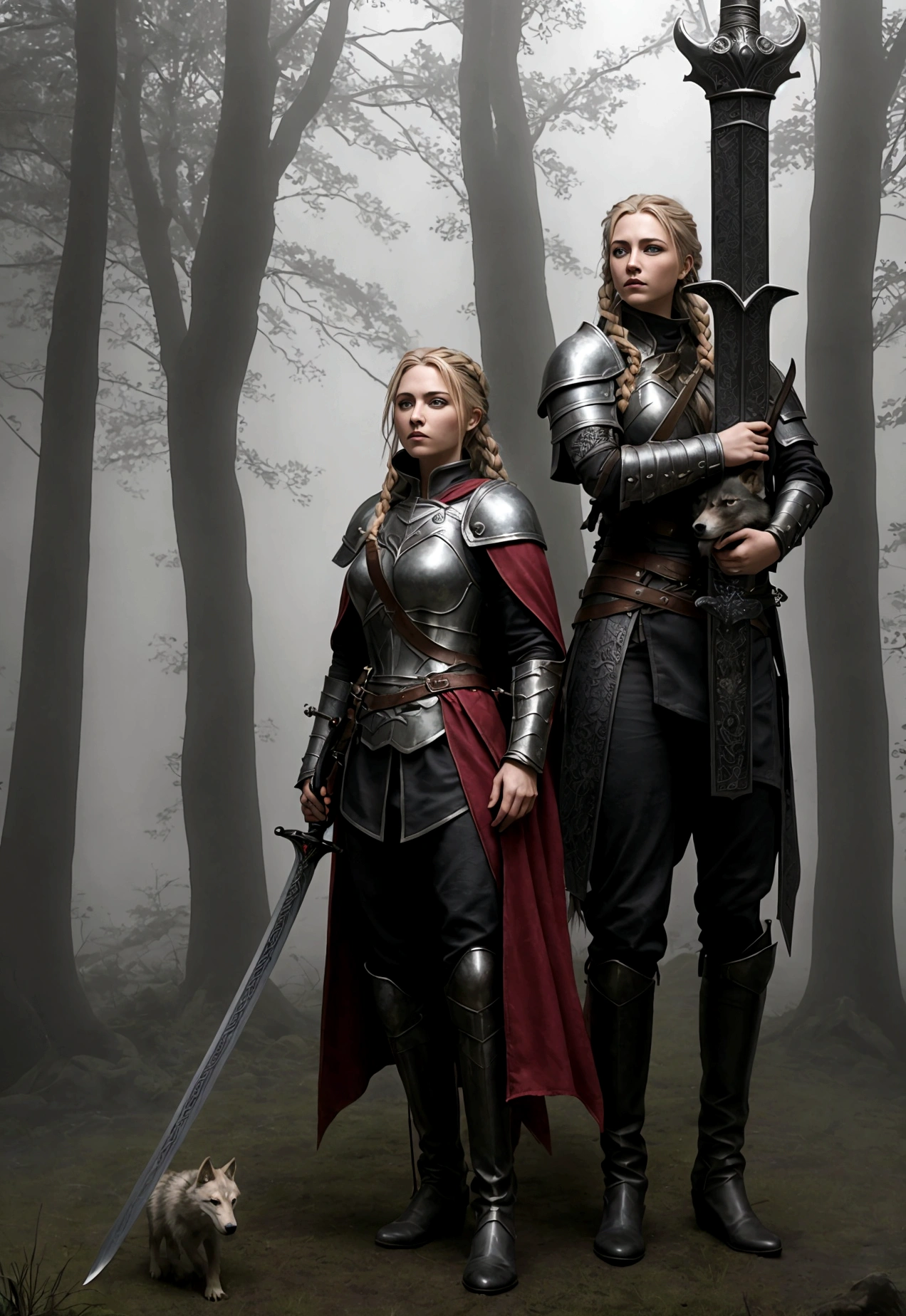 fantasy art, RPG art, Dark fantasy art, ultra wide shot, RAW, photorealistic, a picture of female human ranger and her wolf pet, the ranger, an exquisite beautiful human woman, long blond hair, braided hair, green eyes, wearing leather armor, wearing (red cloak: 1.1), armed with a (sword: 1.3), wearing laced boots, standing in a dark forest at night, (mist rising from the grounds: 1.3), a sense of dread and fear, yet she stands defiant and fearless, her wolf pet stands near her, protecting her, dark fantasy forest background, best quality, 16k, [ultra detailed], masterpiece, best quality, (ultra detailed), full body, ultra wide shot, photorealism, Sword and shield