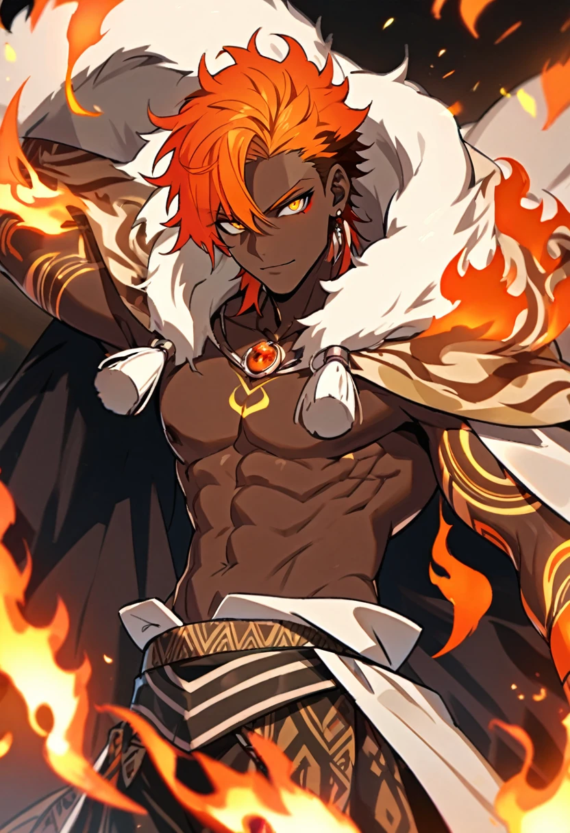 Handsome, solo, 1 male, African man,(((brown skin))), short wild red an orange flaming hair, orange eyes, no shirt, tattoed flames arms white lion cloak, fire powers