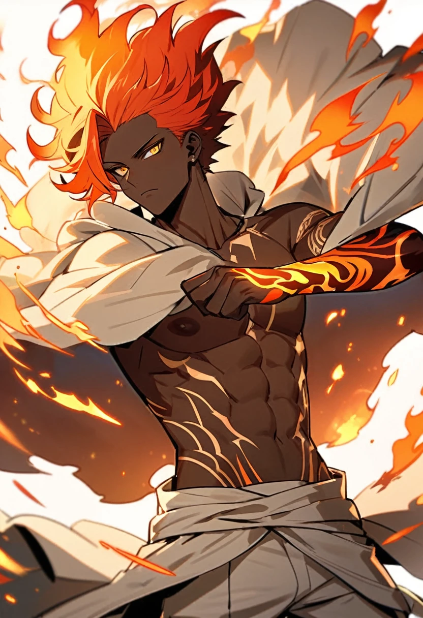 Handsome, solo, 1 male, African man,(((brown skin))), short wild red an orange flaming hair,  orange eyes, no shirt, tattoed flames arms white lion cloak, fire powers