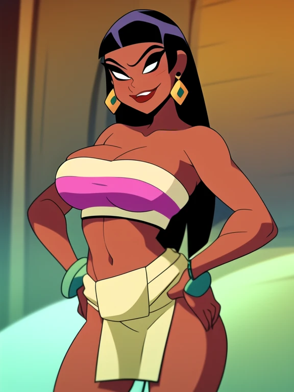Derrick J Wyatt style, 1girl,solo, chel \(the road to el dorado\), tan-bronze skin, black hair, long hair, (Wearing: tube top, loincloth, emerald bracelet's and golden earrings:1.2), collarbone, bare shoulders, medium breasts, cleavage, midriff, wide hips, upper body, hands on hips, looking at viewer, she's looking at the camera with a flirtatious smile