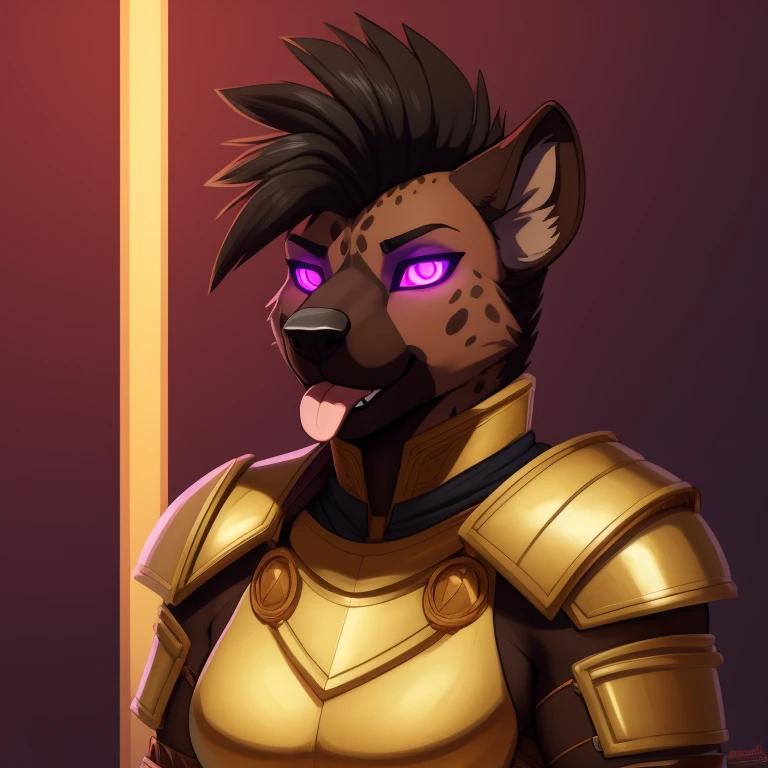 muscular_mature_hyena female black_hair Mohawk brown_furry_body multi_tone_fur spotted_fur brown_eyes, hypnotized with glowing purple eyes, tongue out, solo Masterpiece best_quality absurdres highly_detailed heavy_roman_armor cleanly_drawn_eyes anthro_only by_claweddrip, by_greasymojo, by_underscore-b, by_runawaystride