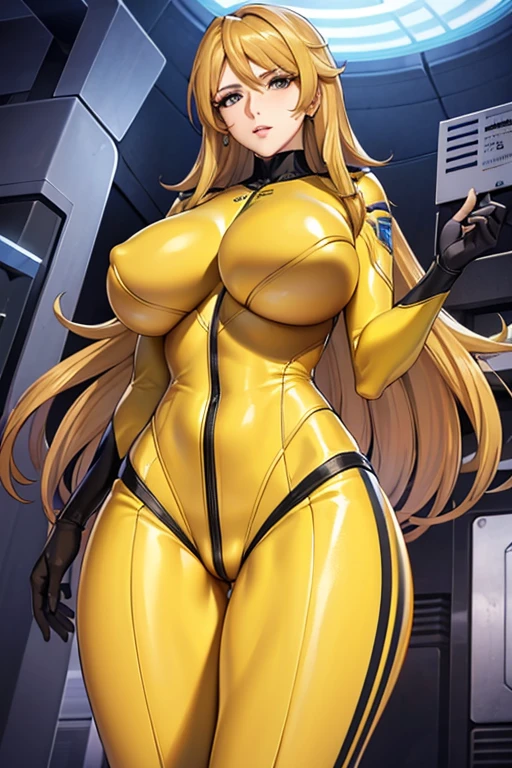 Mature Woman, Woman in a futuristic suit, highly Detailed face, nice, mother, Tomboy, Very large breasts, (Mature Woman), Mature Face, (Mature Woman), Cyber Suit, Anime girl in tight suit, Milfication, Elegant body, Focus on the navel, nude, gloves, Earrings, SF, Female protagonist, Are standing, Volumetric Light, Detailed lighting, Detailed Texture, BoobsCyberpunk, Biomechanical Boobs, masterpiece, (Top quality eyes), Detailed face, sci-fi background, Futuristic landscape, (((Yellow bodysuit))), (Chuby), big , Long golden hair