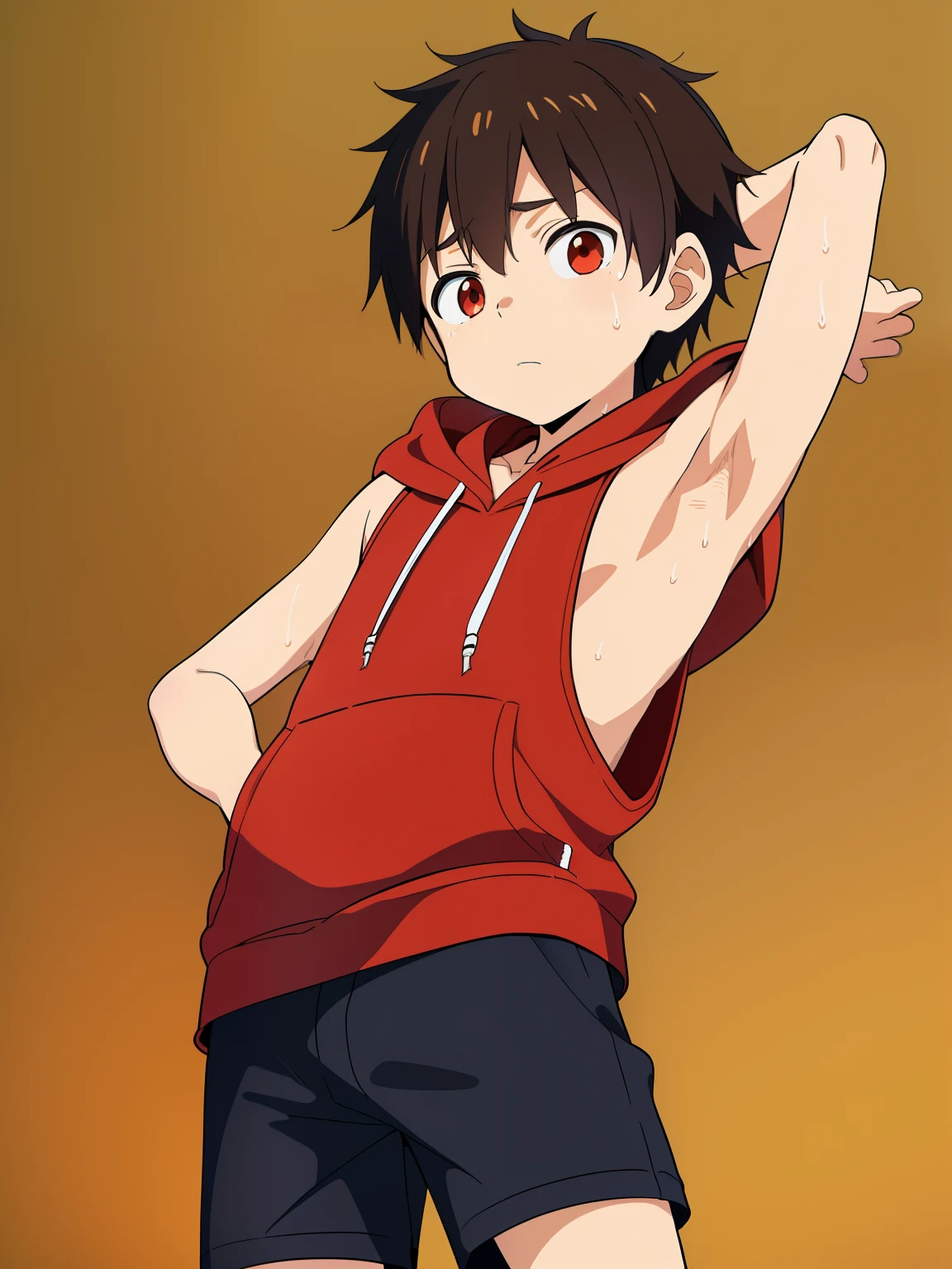 Highres, Masterpiece, Best quality at best,Best Quality,hight quality, hight detailed, 1boy, Shota, Black hoodie with red stripes, Sleeveless hoodie, (very small and short stature), (very young boy), (very small and short body), 12-year-old boys, (Showing armpit:1.3), hansome, Sweat