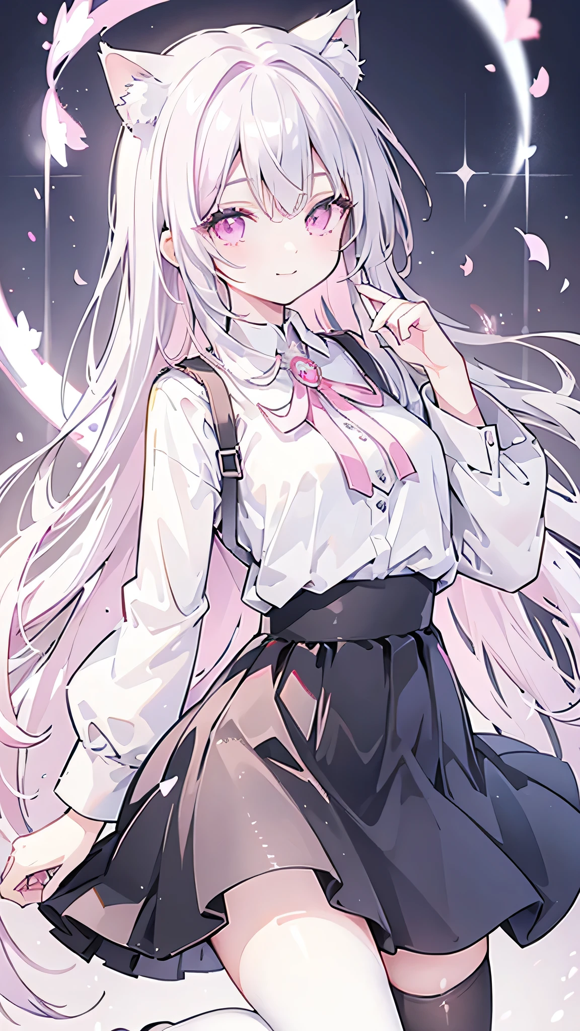 masterpiece,highest quality,Highly detailed face,Sparkling eyes,Highlighted eyes,Medium chest,pretty girl,smile,Cat ear,Beautiful silver hair,Pink inside,Beautiful pink eyes,Oversized shirt、skirt、black tights