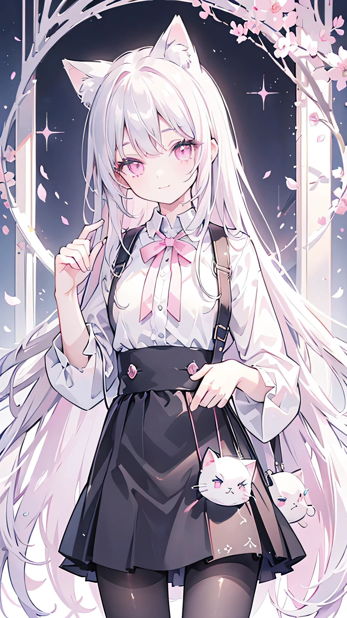 masterpiece,highest quality,Highly detailed face,Sparkling eyes,Highlighted eyes,Medium chest,pretty girl,smile,Cat ear,Beautiful silver hair,Pink inside,Beautiful pink eyes,Oversized shirt、skirt、black tights