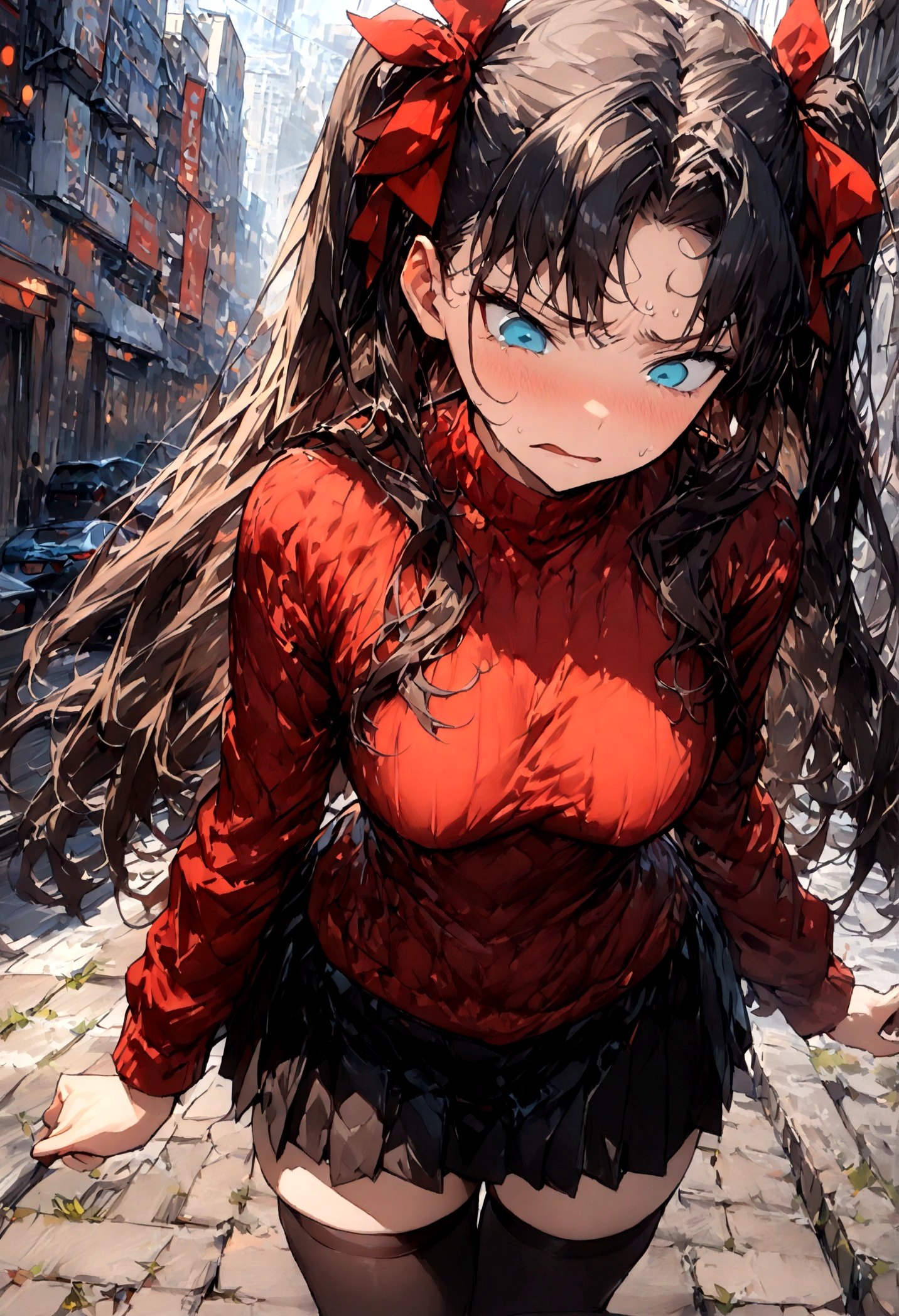 ((absurdres)), (((best Quality))), ((ultra detailed)), ((illustration)), full resolution, hdr, 5k, (Masterpiece, Best quality:1.4), (Beautiful, Aesthetic, Perfect, Intricate:1.2), (ultra resolution:1.2), (ultra detailed), 1girl, rin tohsaka, aqua eyes, black hair, hair ribbon, long hair, ribbon, sidelocks, two side up, parted bangs, black skirt, black thigh highs, long sleeves, miniskirt, pleated skirt, red sweater, turtleneck, (((disgusted face))), (looking down at camera), in a city, buildings, sidewalk