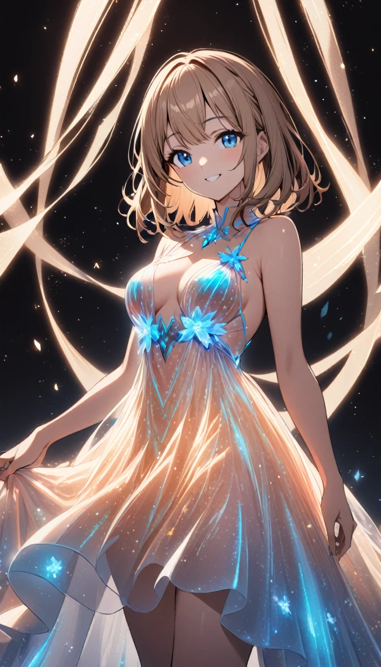 1girl,light brown color medium length hair,blue eyes,kind smile,medium breasts,bioluminescent dress,dark background,cowboy shot,