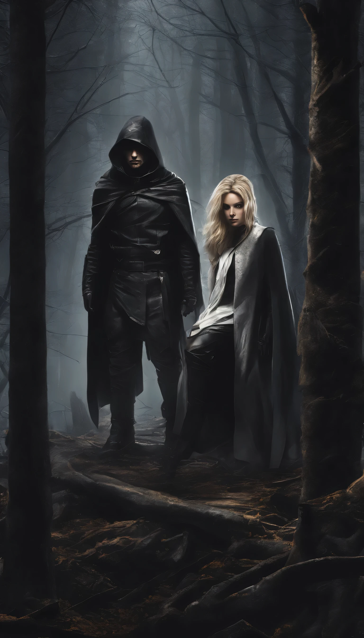 a man with short blond hair, a beautiful dark-haired woman, both wearing leather pants and white leather tunic, capes and hoods in dark and gold colors, walking in a forest with tall, shadowy trees, mist and shadowy beings lurking around, 8K, wide angle, highly detailed, dark and warm colors at night