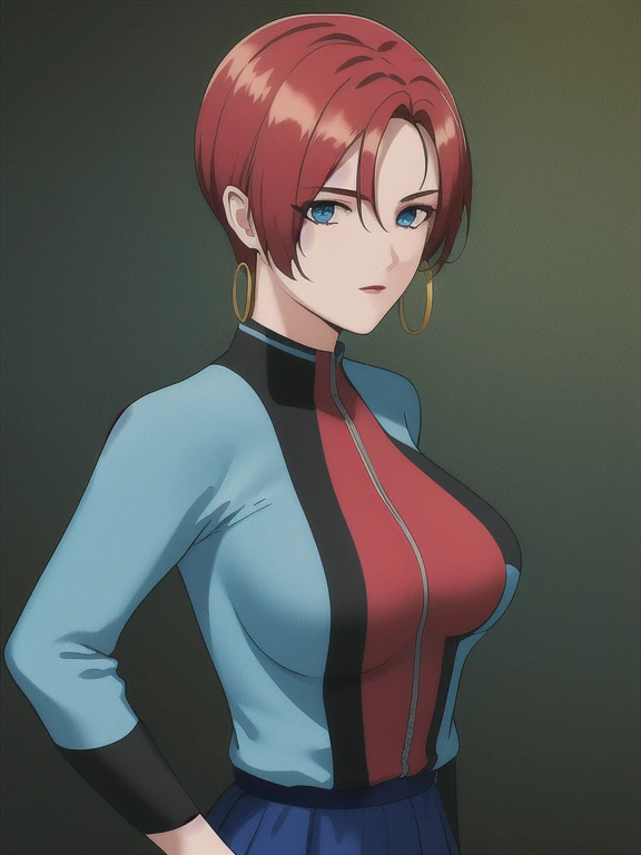 miliafallyna, red hair, blue eyes, medium breasts, standing, solo, skirt_suit, masterpiece, best_quality, detailed_face, detailed_eyes, highres, beautiful, 