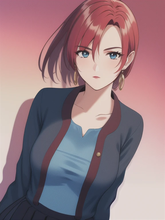 miliafallyna, red hair, blue eyes, medium breasts, standing, solo, skirt_suit, masterpiece, best_quality, detailed_face, detailed_eyes, highres, beautiful, 