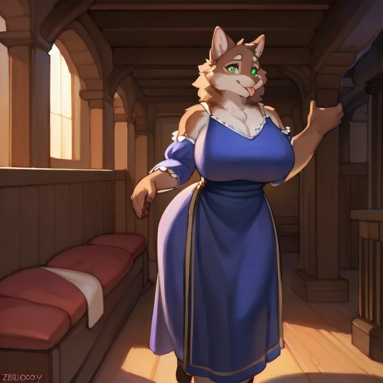 By chelodoy, by zaush, by bebebebebe, by spuydjeks, by meesh, by bigcozyorca, solo, voluptuous_muscular_timberwolf female brown_furry_body green_eyes, hypnotized with glowing purple eyes, tongue out, milf fluffy medieval_dress solo Masterpiece best_quality absurdres highly_detailed cleanly_drawn_eyes anthro_only motherly_smile