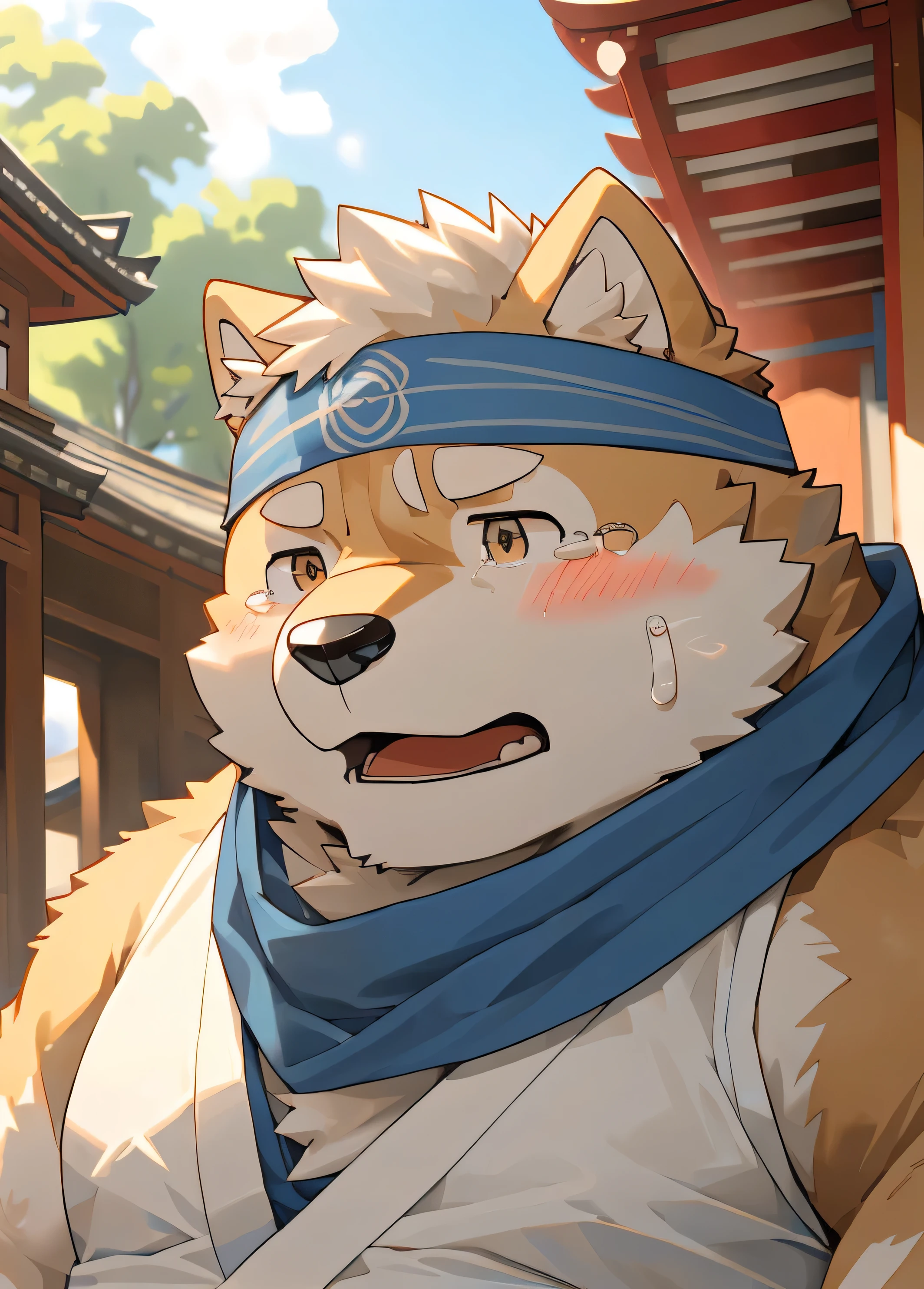 (masterpiece)，(Very detailed)，(best quality)，hairy，Shiba Inu，fur，white hair，Gray pupil，Chubby，(Poor)，(Japan samurai attire)，((blue scarf))，((Brown headband))，(blush:1.1)，((Tears))，Sad expression，Temple Background，8K，(high quality)，(Ultra high quality)，(Super detailed)，(The best work)